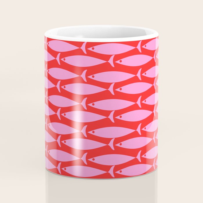 Geometric Fish Preppy Pink and Red Pattern Coffee Mug Gallery Image 4