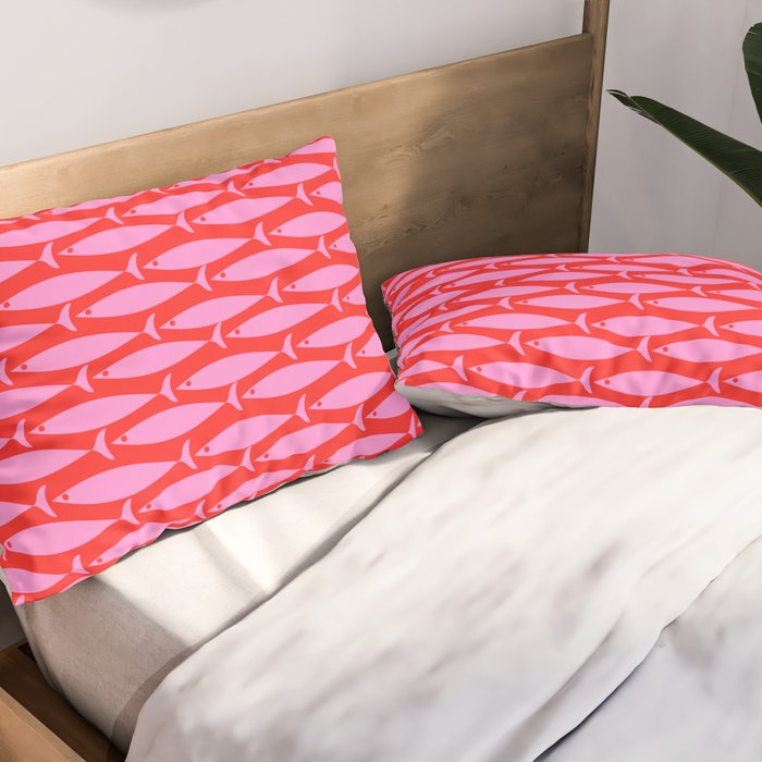 Geometric Fish Preppy Pink and Red Pattern Pillow Sham Gallery Image 2