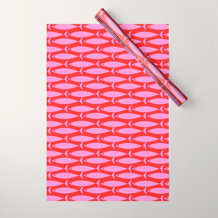 Geometric Fish Preppy Pink and Red Pattern Wrapping Paper Gallery Image 1