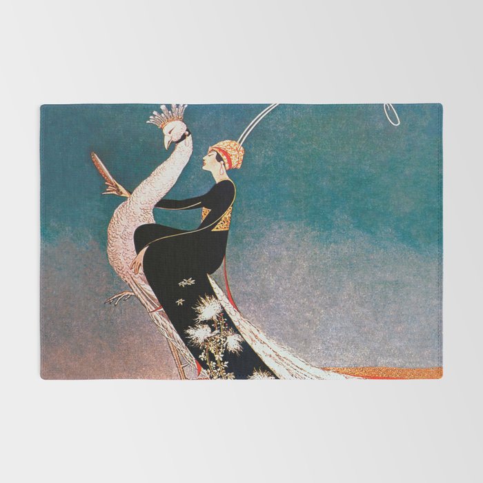 Art Deco White Peacock and Flapper Vintage Art Rug Gallery Image 2