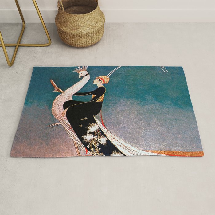 Art Deco White Peacock and Flapper Vintage Art Rug Gallery Image 1