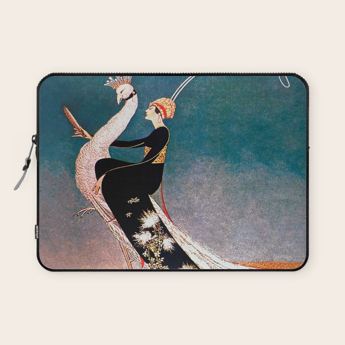 Art Deco White Peacock and Flapper Vintage Art Laptop Sleeve Gallery Image 1