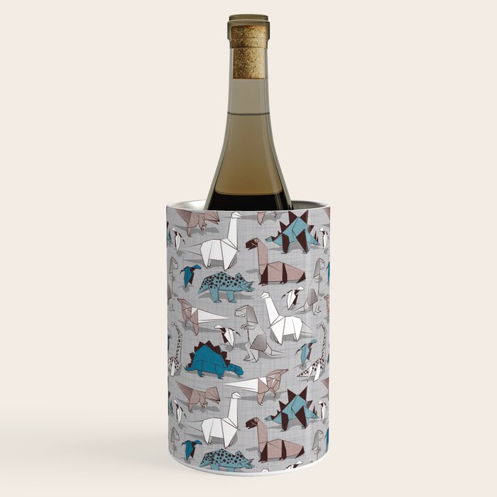 Origami dino friends // grey linen texture blue dinosaurs Wine Chiller Gallery Image 1