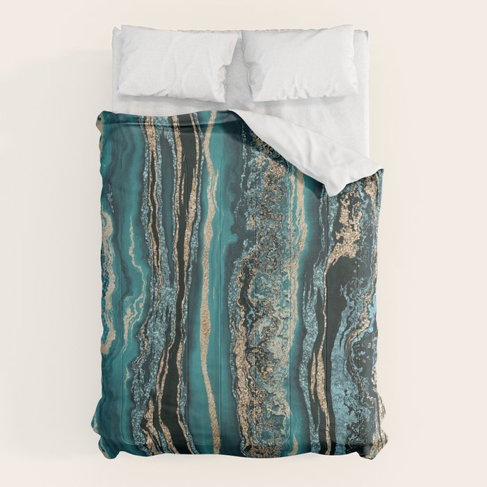 Turquoise Gold Sparkling Luxury Marble Gemstone Art Comforter Gallery Image 6