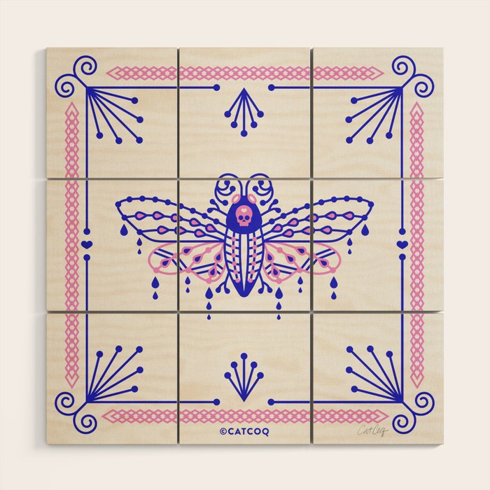Death's Head Hawkmoth - Indigo & Pink Palette Wood Wall Art Gallery Image 1