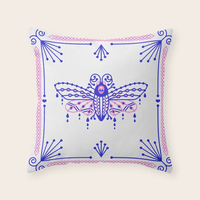 Death's Head Hawkmoth - Indigo & Pink Palette Throw Pillow Gallery Image 6