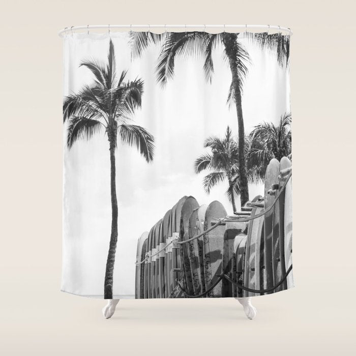 Hawaiian Surfboards - Black And White Surf Photography - Beach Photo Print - Surfboard Photograph Shower Curtain Gallery Image 1