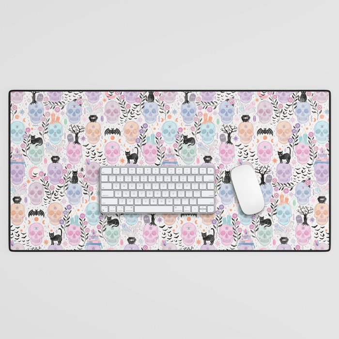 Pastel candy-colored skulls with cats, bats, and witchy things - halloween, bone Desk Mat Gallery Image 1