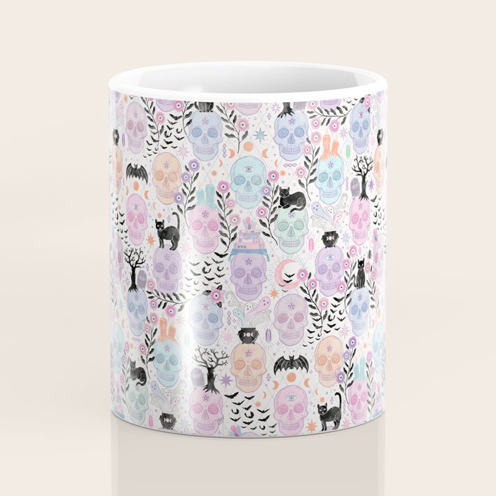 Pastel candy-colored skulls with cats, bats, and witchy things - halloween, bone Coffee Mug Gallery Image 4