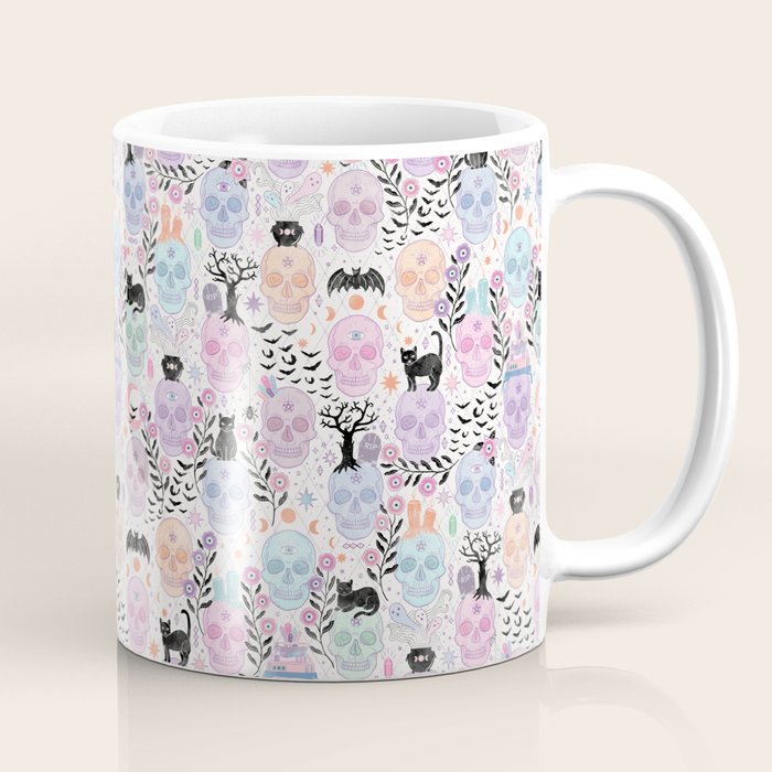 Pastel candy-colored skulls with cats, bats, and witchy things - halloween, bone Coffee Mug Gallery Image 1
