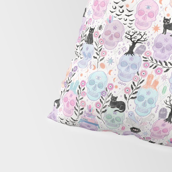 Pastel candy-colored skulls with cats, bats, and witchy things - halloween, bone Pillow Sham Gallery Image 4