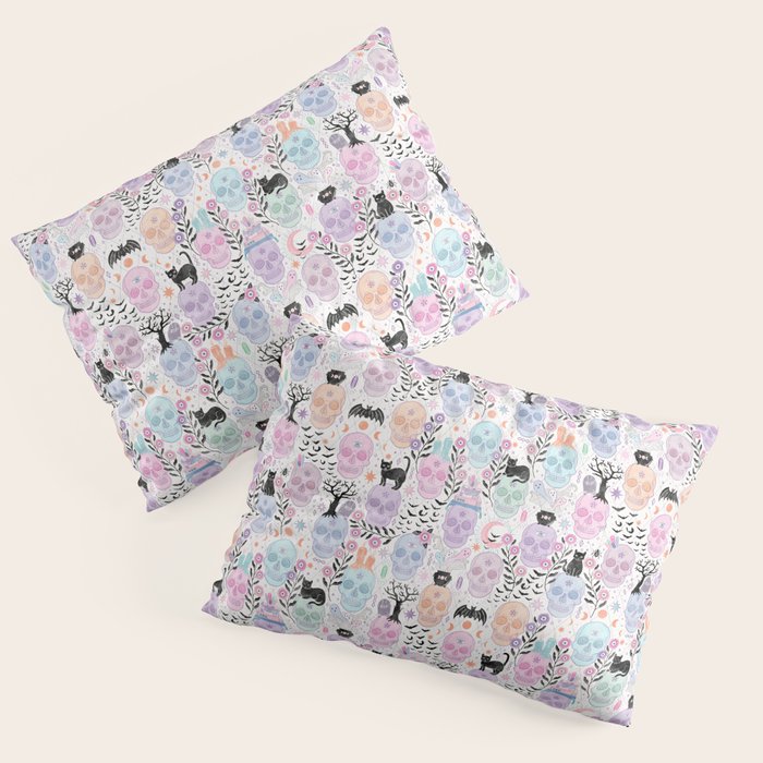 Pastel candy-colored skulls with cats, bats, and witchy things - halloween, bone Pillow Sham Gallery Image 3
