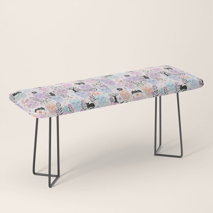 Pastel candy-colored skulls with cats, bats, and witchy things - halloween, bone Bench Gallery Image 1