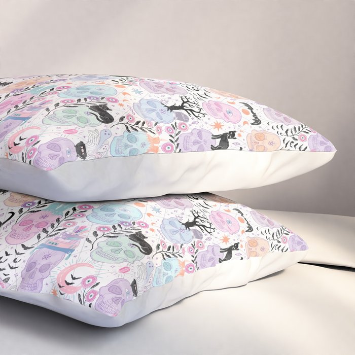Pastel candy-colored skulls with cats, bats, and witchy things - halloween, bone Pillow Sham Gallery Image 3