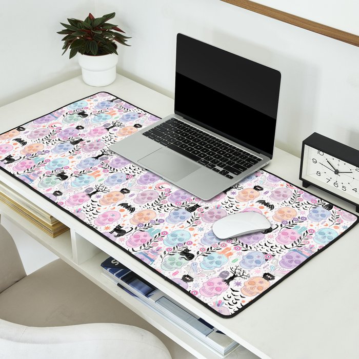 Pastel candy-colored skulls with cats, bats, and witchy things - halloween, bone Desk Mat Gallery Image 2