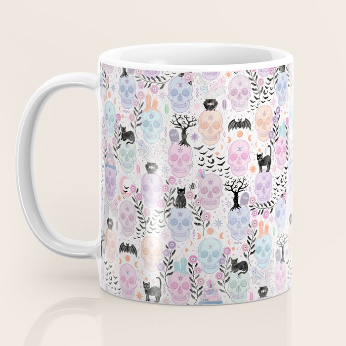 Pastel candy-colored skulls with cats, bats, and witchy things - halloween, bone Coffee Mug Gallery Image 3