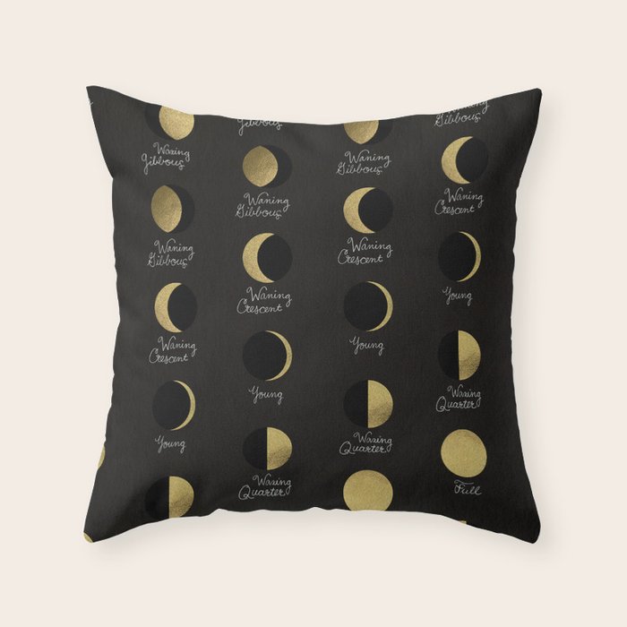 The Lunar Cycle â¢ Phases of the Moon - Black & Gold Palette Throw Pillow Gallery Image 1