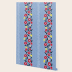 Vintage Posey Stripe Floral on Blue Linen Wallpaper Gallery Image 2