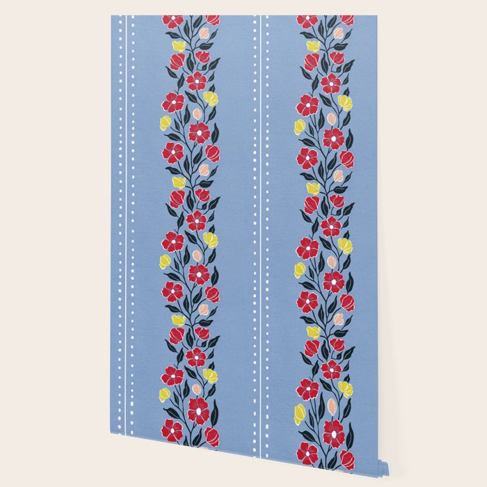 Vintage Posey Stripe Floral on Blue Linen Wallpaper Gallery Image 2
