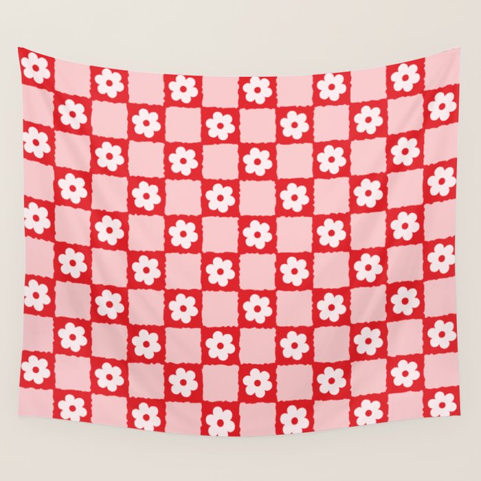 Retro Daisy Flower Checker in Red Wall Tapestry Gallery Image 4