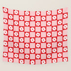 Retro Daisy Flower Checker in Red Wall Tapestry Gallery Image 4