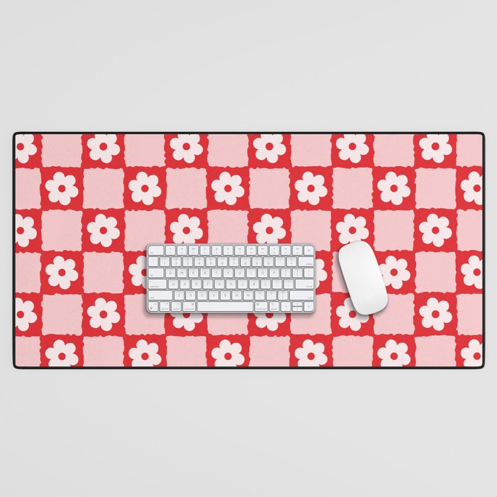 Retro Daisy Flower Checker in Red Desk Mat Gallery Image 1