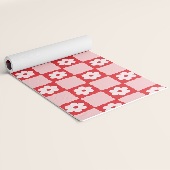 Retro Daisy Flower Checker in Red Yoga Mat Gallery Image 2
