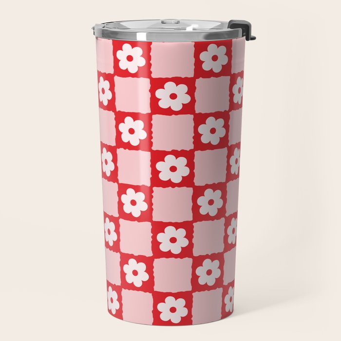 Retro Daisy Flower Checker in Red Travel Mug Gallery Image 2