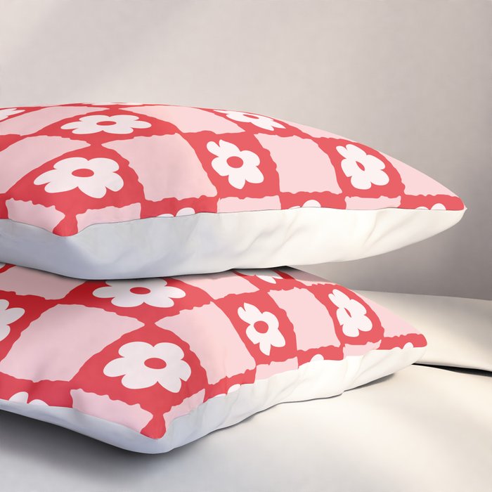 Retro Daisy Flower Checker in Red Pillow Sham Gallery Image 3