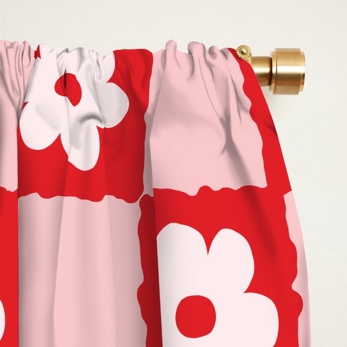 Retro Daisy Flower Checker in Red Window Curtain Gallery Image 2
