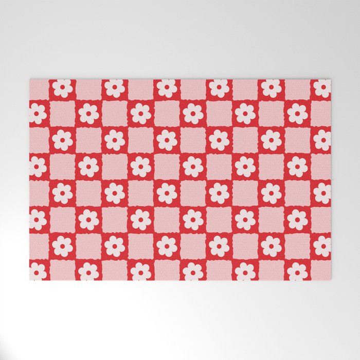 Retro Daisy Flower Checker in Red Welcome Mat Gallery Image 1