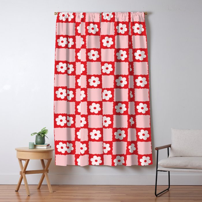 Retro Daisy Flower Checker in Red Window Curtain Gallery Image 5
