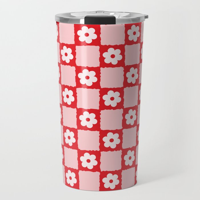Retro Daisy Flower Checker in Red Travel Mug Gallery Image 1