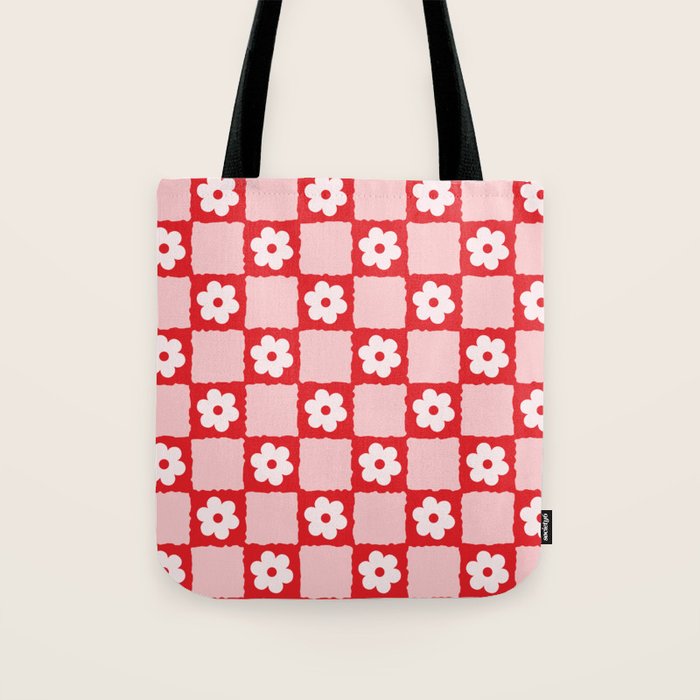 Retro Daisy Flower Checker in Red Tote Bag Gallery Image 1