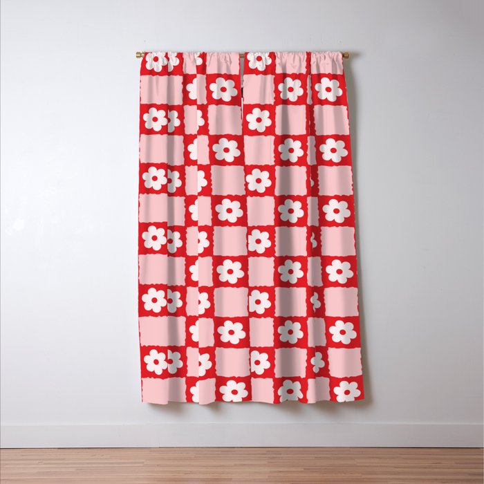Retro Daisy Flower Checker in Red Window Curtain Gallery Image 3