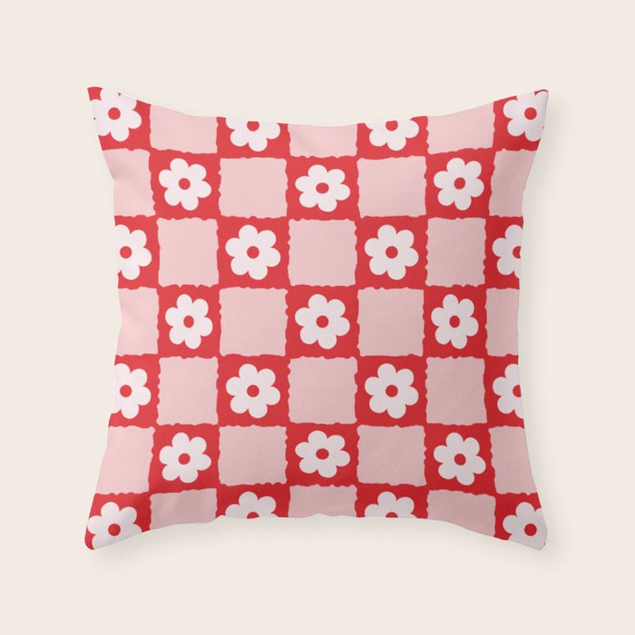 Retro Daisy Flower Checker in Red Throw Pillow Gallery Image 1
