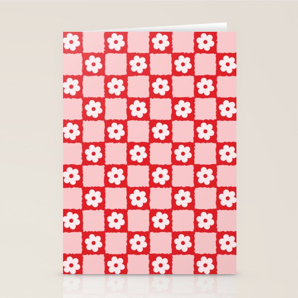 Retro Daisy Flower Checker in Red Stationery Card Gallery Image 1
