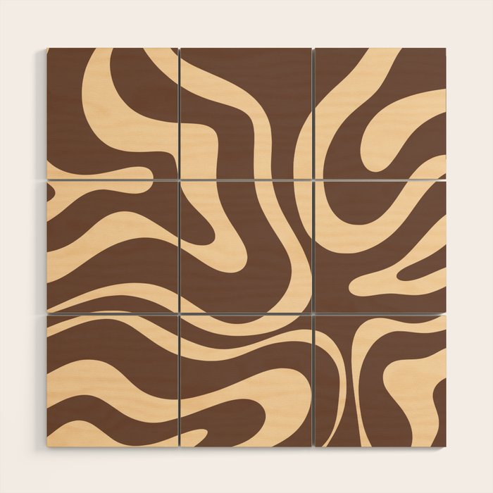 Modern Retro Liquid Swirl Abstract Pattern in Brown Wood Wall Art Gallery Image 1