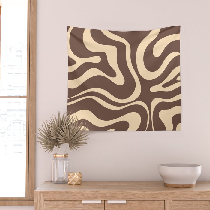 Modern Retro Liquid Swirl Abstract Pattern in Brown Wall Tapestry Gallery Image 2