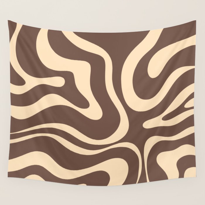 Modern Retro Liquid Swirl Abstract Pattern in Brown Wall Tapestry Gallery Image 1