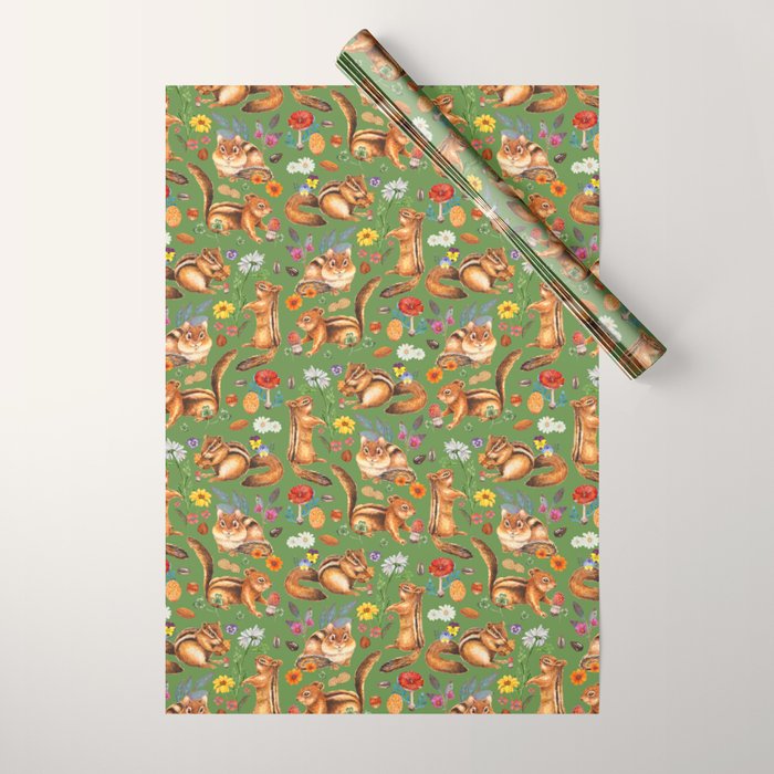 Chipmunks friends - green Wrapping Paper Gallery Image 1