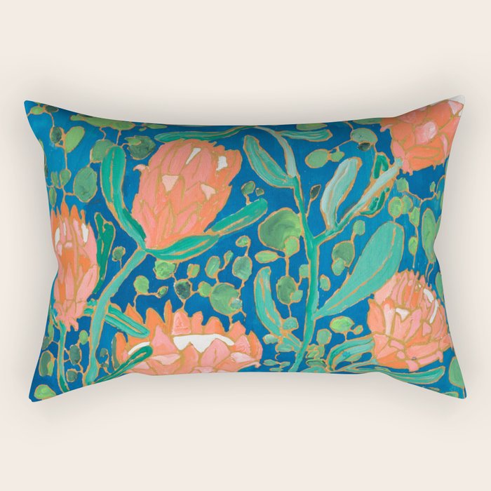 Coral Proteas on Blue Pattern Painting Rectangular Pillow Gallery Image 2