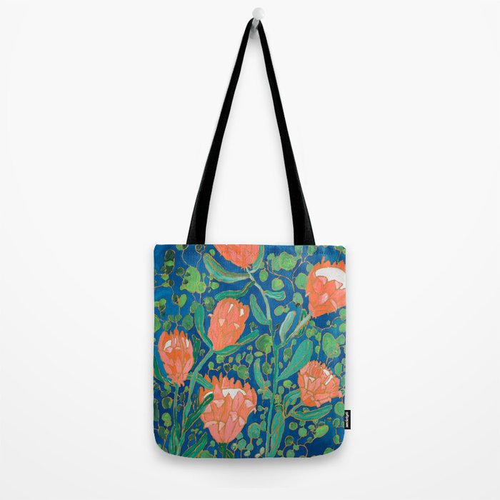 Coral Proteas on Blue Pattern Painting Tote Bag Gallery Image 2