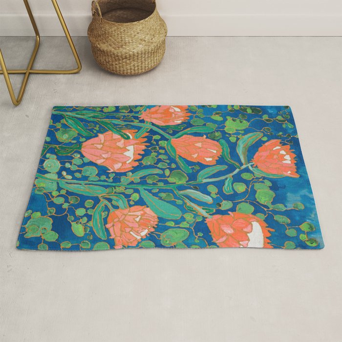 Coral Proteas on Blue Pattern Painting Rug Gallery Image 1