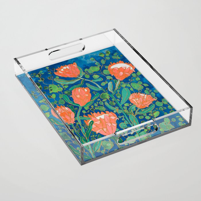 Coral Proteas on Blue Pattern Painting Acrylic Tray Gallery Image 1