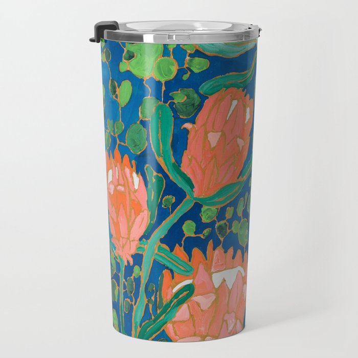 Coral Proteas on Blue Pattern Painting Travel Mug Gallery Image 3