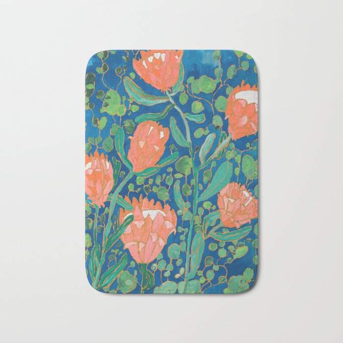 Coral Proteas on Blue Pattern Painting Bath Mat Gallery Image 1