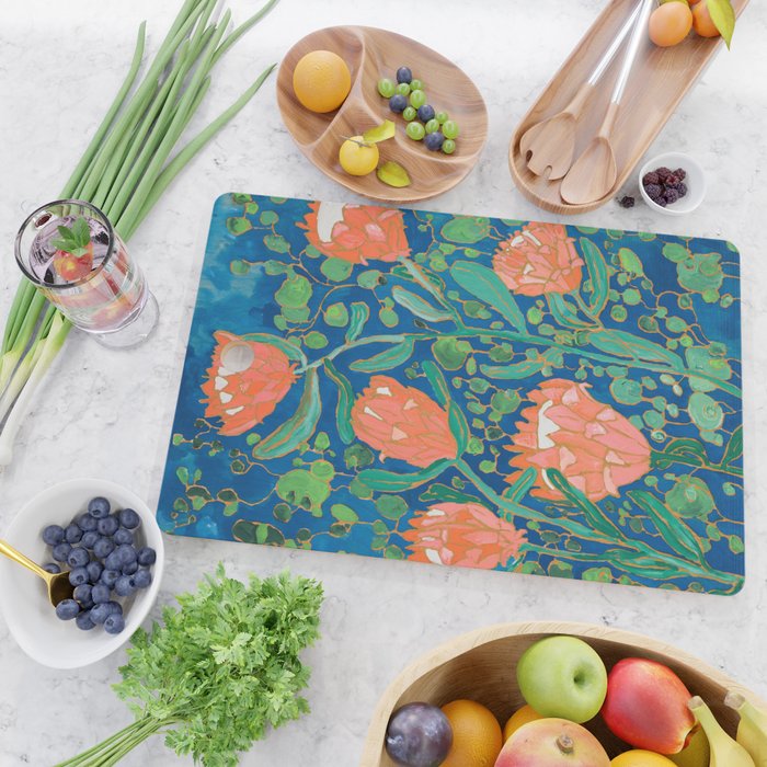 Coral Proteas on Blue Pattern Painting Cutting Board Gallery Image 2