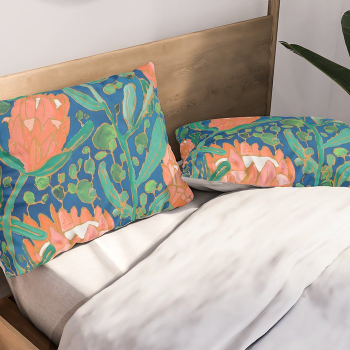 Coral Proteas on Blue Pattern Painting Pillow Sham Gallery Image 2