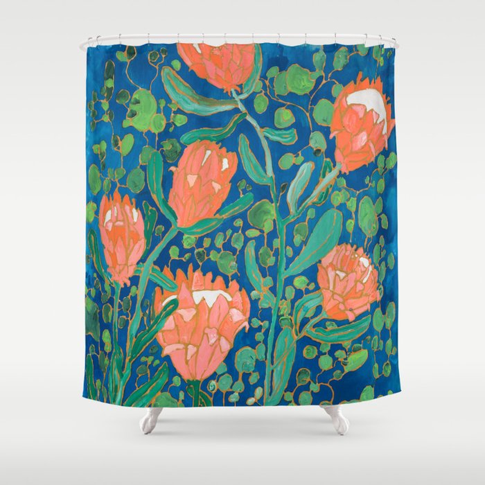 Coral Proteas on Blue Pattern Painting Shower Curtain Gallery Image 1